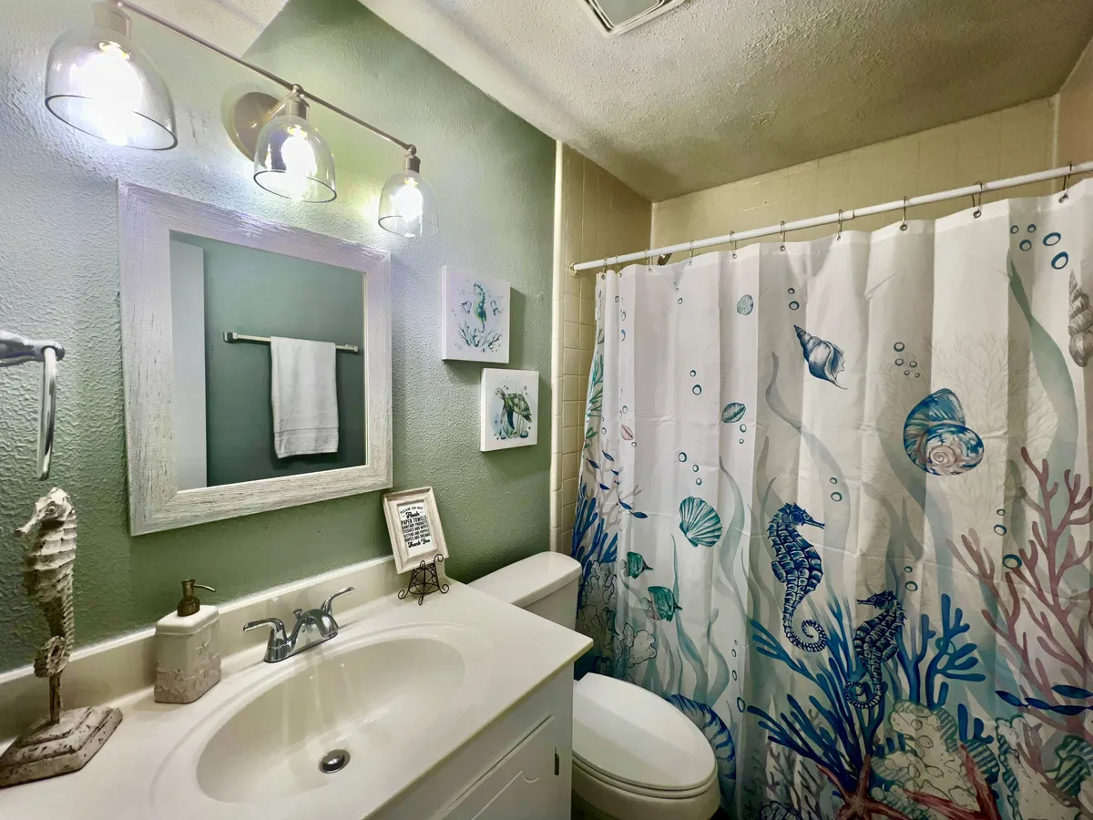 A fresh, calming bathroom scene featuring a vanity with sink, a decorative shower curtain, a large mirror, and artful touches. The natural light and serene decor create an inviting space for morning routines or winding down in the evening.